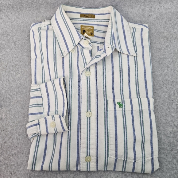 Vintage Abercrombie‎ Men's Cotton Button-Down Green and Blue Stripe Size Lg - Picture 1 of 8